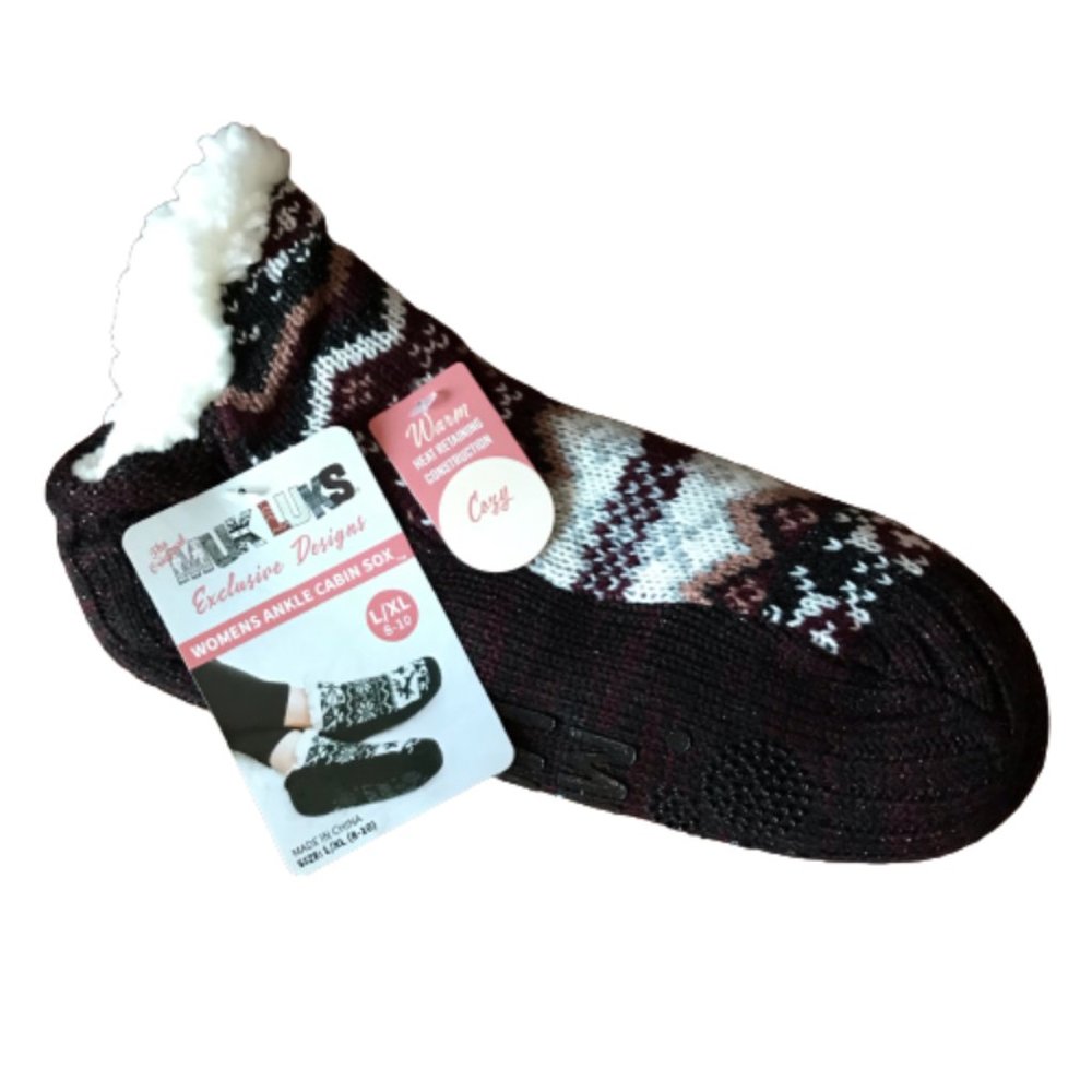 Muk Luks Ankle Cabin Sox Slipper Socks, Faux Sherpa Fur Lining, Size L/XL (8-10)